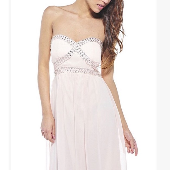 Beige Shimmer Embellished Strapless Gown, 8 - Picture 2 of 3